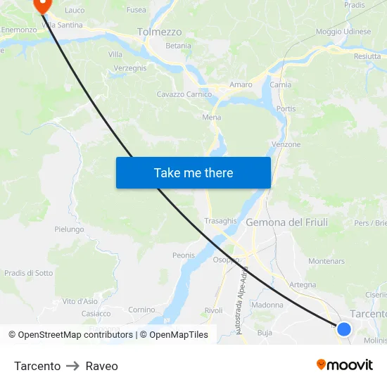 Tarcento to Raveo map