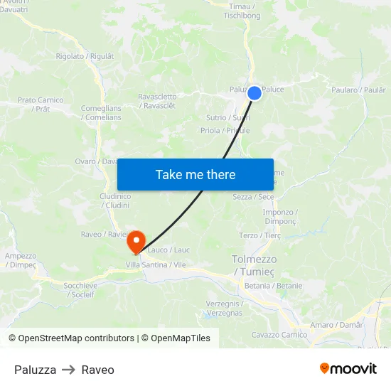 Paluzza to Raveo map