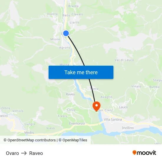 Ovaro to Raveo map
