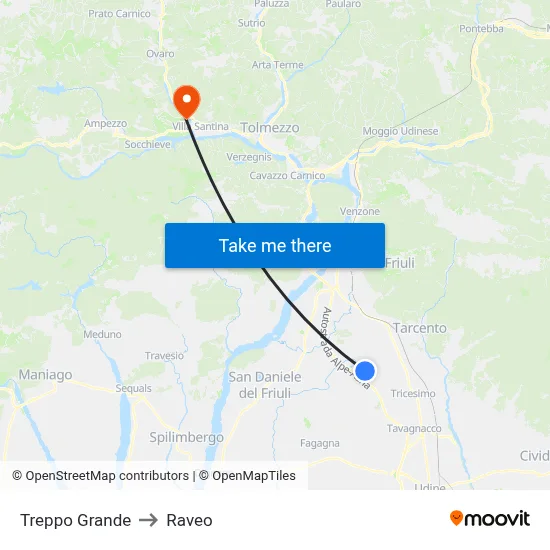 Treppo Grande to Raveo map