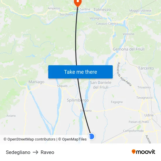 Sedegliano to Raveo map