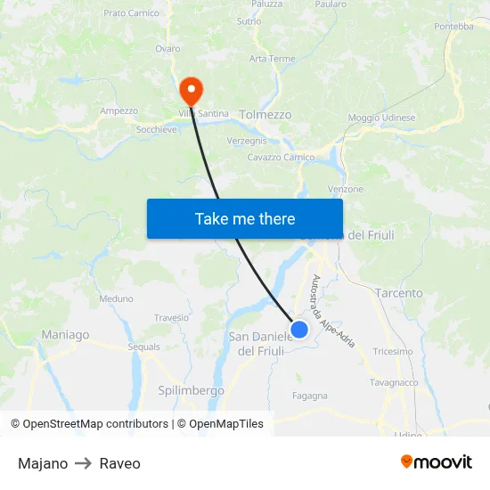 Majano to Raveo map