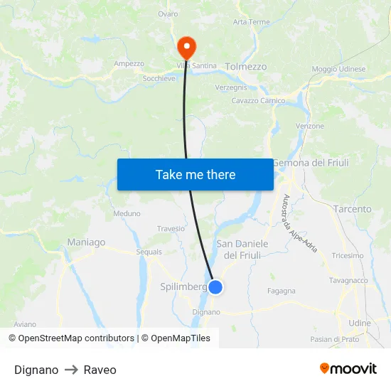 Dignano to Raveo map