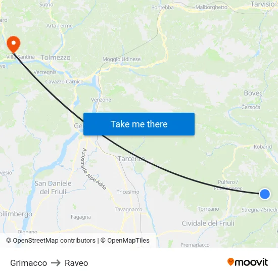 Grimacco to Raveo map