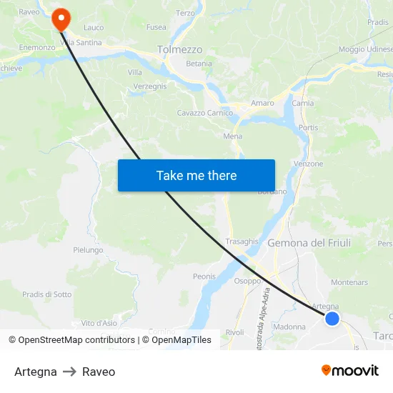 Artegna to Raveo map