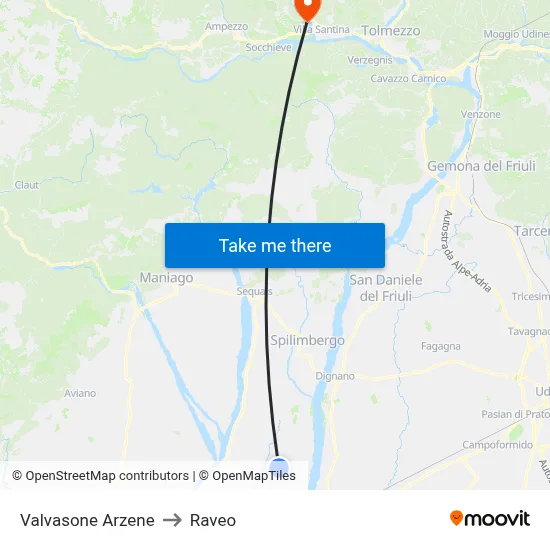 Valvasone Arzene to Raveo map