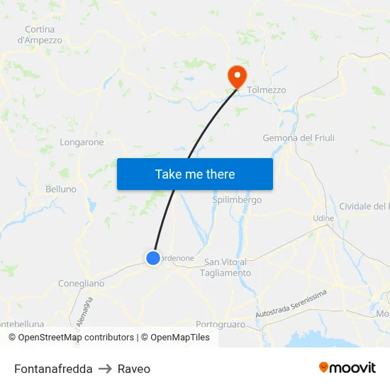 Fontanafredda to Raveo map
