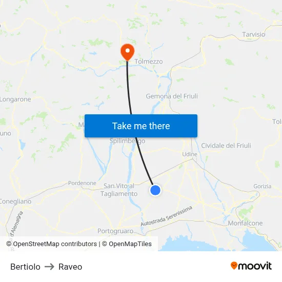 Bertiolo to Raveo map