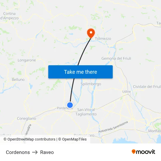 Cordenons to Raveo map