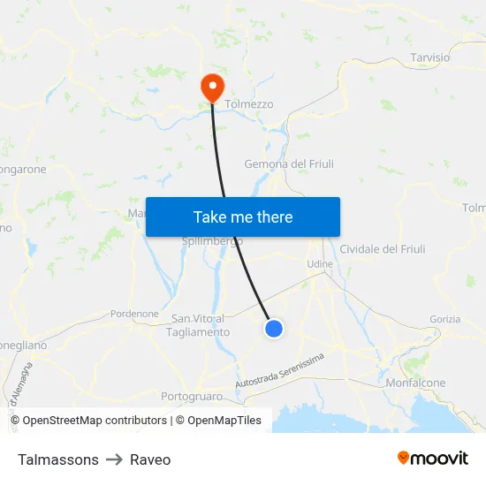 Talmassons to Raveo map