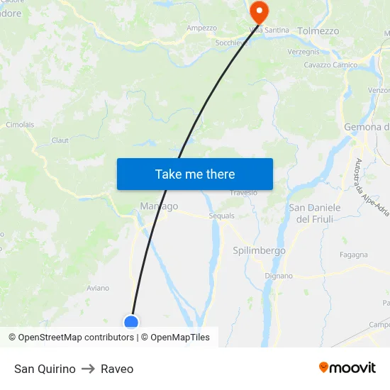 San Quirino to Raveo map
