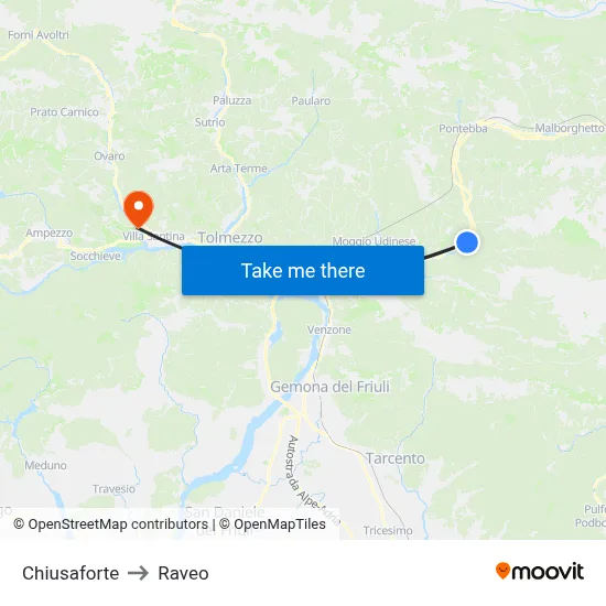Chiusaforte to Raveo map