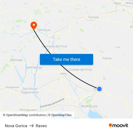 Nova Gorica to Raveo map