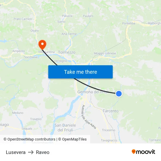 Lusevera to Raveo map