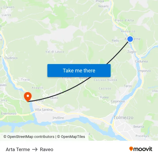 Arta Terme to Raveo map