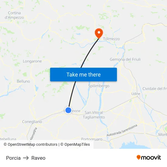 Porcia to Raveo map