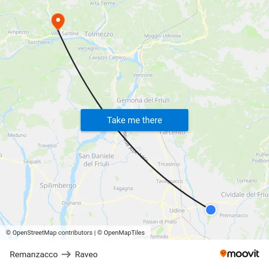 Remanzacco to Raveo map