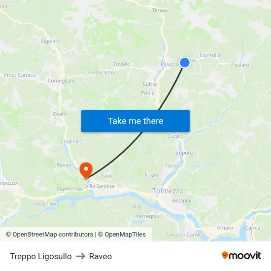 Treppo Ligosullo to Raveo map
