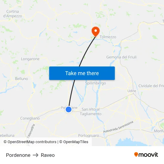 Pordenone to Raveo map