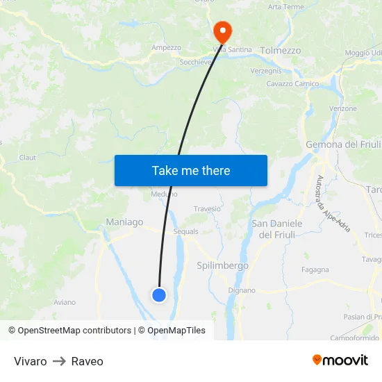 Vivaro to Raveo map