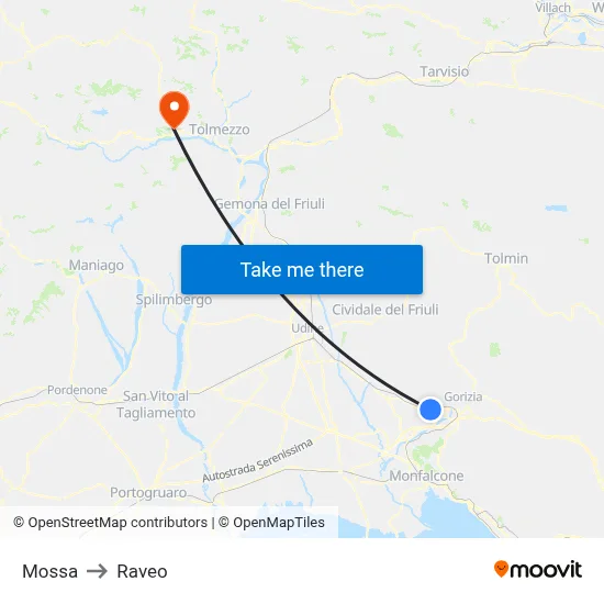 Mossa to Raveo map