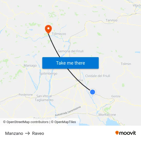 Manzano to Raveo map