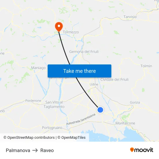 Palmanova to Raveo map