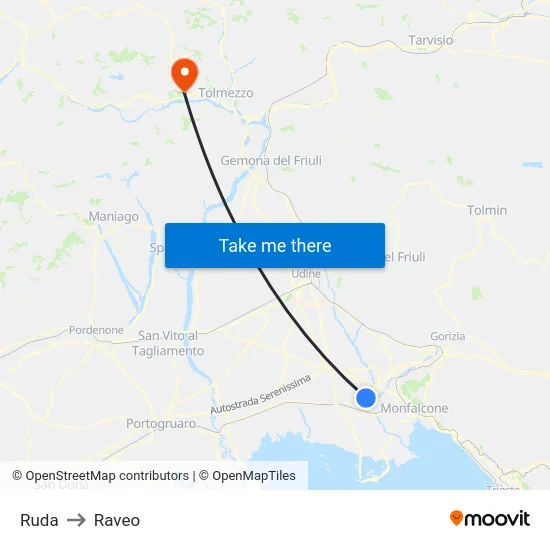 Ruda to Raveo map