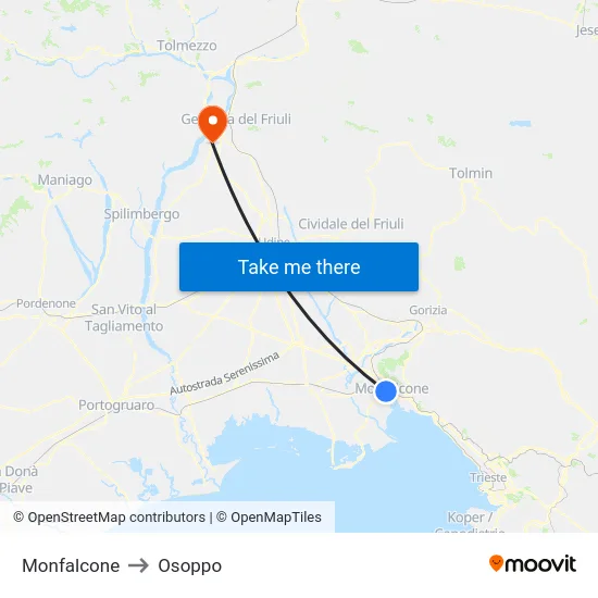 Monfalcone to Osoppo map