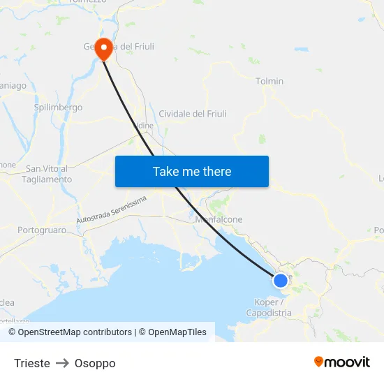 Trieste to Osoppo map