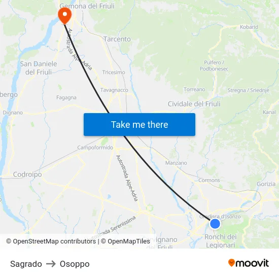 Sagrado to Osoppo map