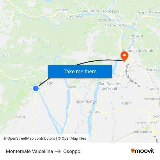 Montereale Valcellina to Osoppo map