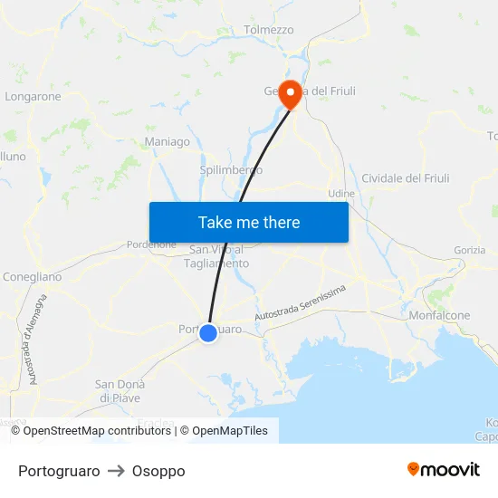 Portogruaro to Osoppo map