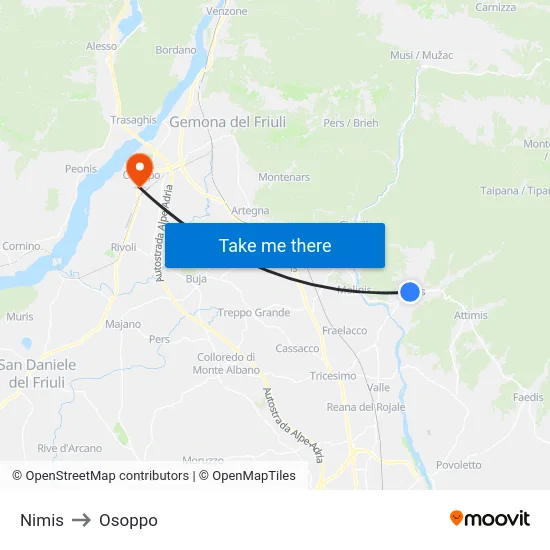Nimis to Osoppo map