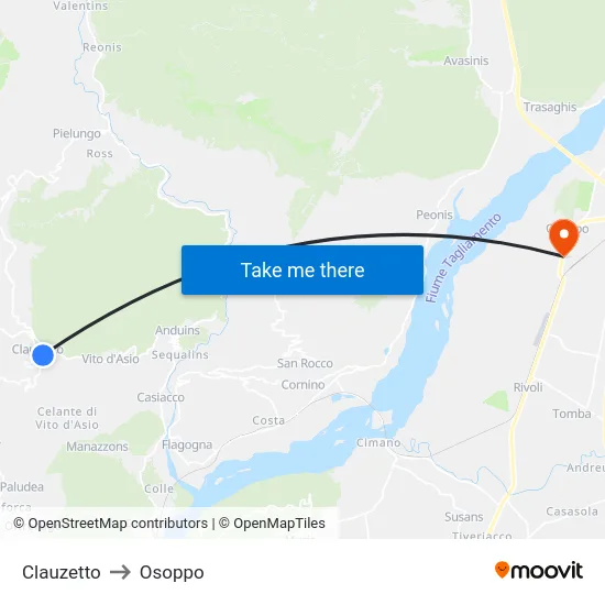 Clauzetto to Osoppo map