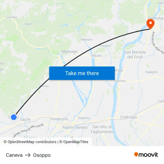 Caneva to Osoppo map