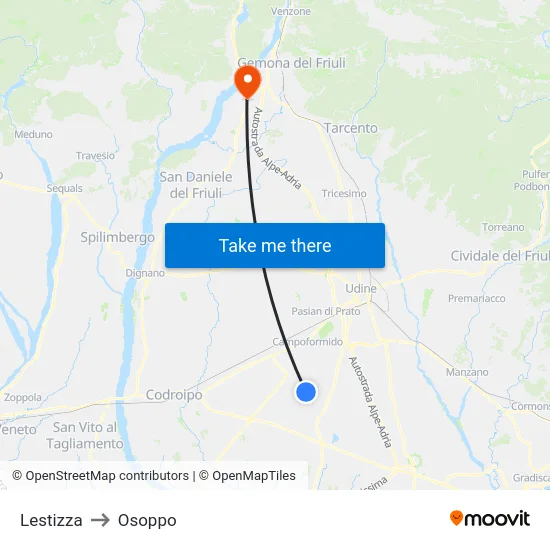 Lestizza to Osoppo map