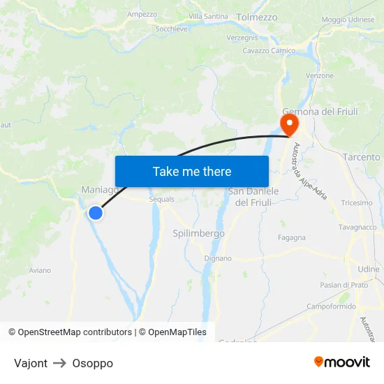 Vajont to Osoppo map