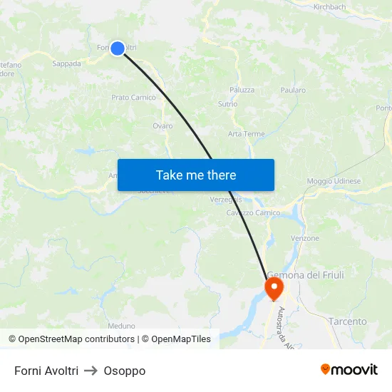 Forni Avoltri to Osoppo map