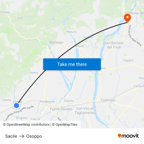 Sacile to Osoppo map