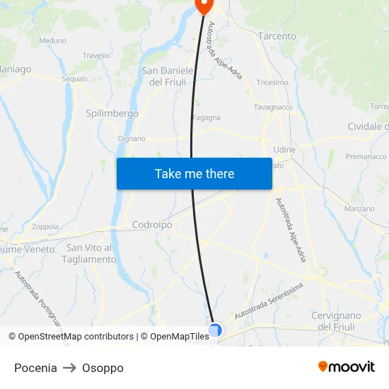 Pocenia to Osoppo map