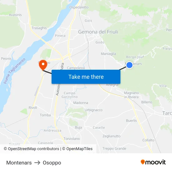 Montenars to Osoppo map