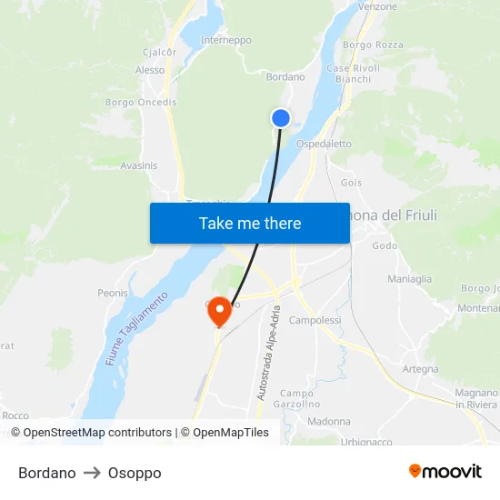 Bordano to Osoppo map