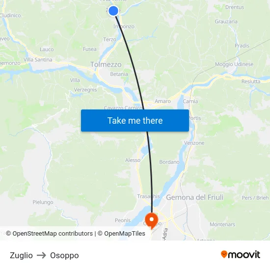 Zuglio to Osoppo map