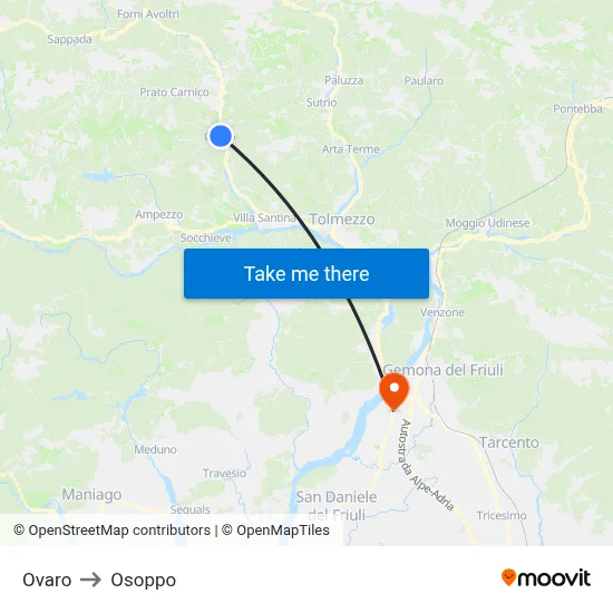 Ovaro to Osoppo map