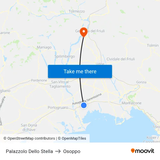 Palazzolo dello Stella to Osoppo map