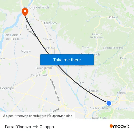 Farra D'Isonzo to Osoppo map