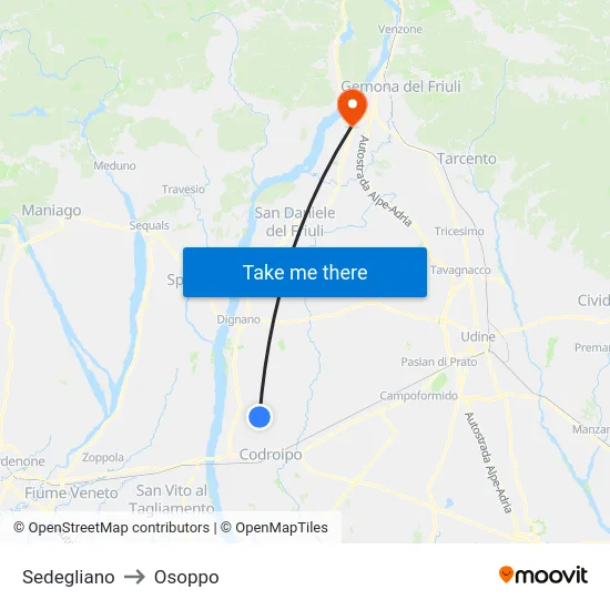 Sedegliano to Osoppo map
