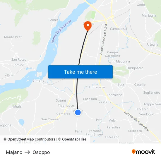 Majano to Osoppo map