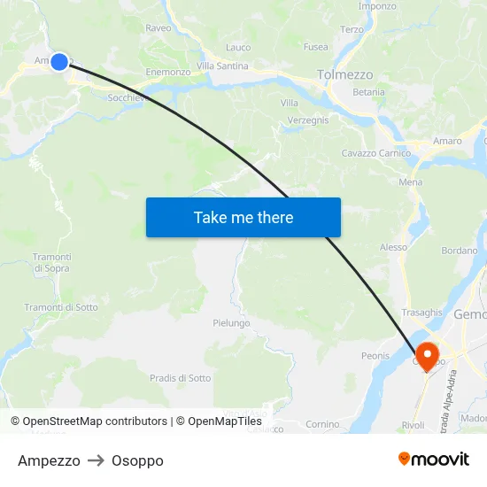 Ampezzo to Osoppo map